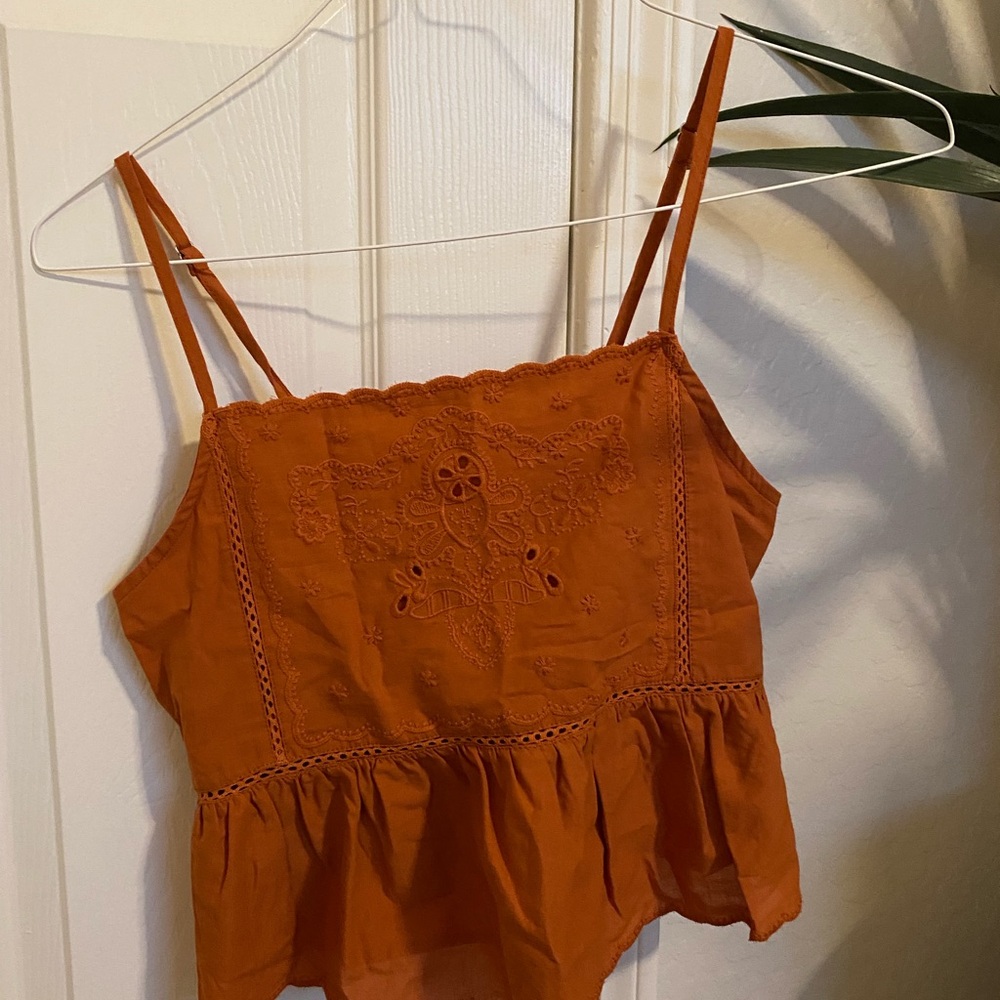 La Hearts Burnt Orange Embroidered Flowy tank